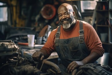 Fototapeta na wymiar Man repairing a car in auto repair shop. Smiley middle aged African American man in his workshop.