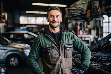 Man repairing a car in auto repair shop. Smiley middle aged Caucasian man in his workshop.
