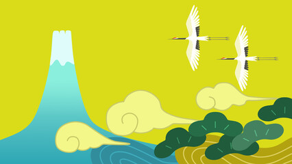 鶴の飛翔と富士山のイラストレーション