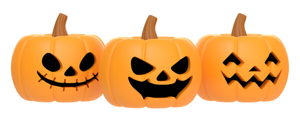 Jack-o-Lantern pumpkins isolated on white background. Happy Halloween concept. Traditional october holiday. 3D render illustration