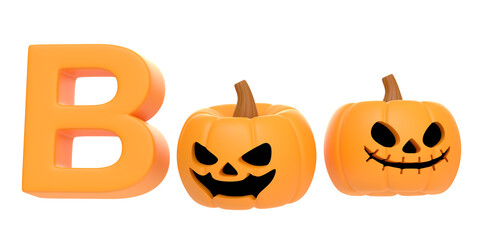 Boo! Jack-o-Lantern pumpkin with lettering isolated on white background. Happy Halloween concept. Traditional october holiday. 3D render illustration