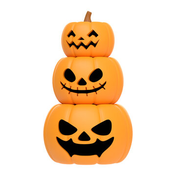 Jack-o-Lantern pumpkins isolated on white background. Happy Halloween concept. Traditional october holiday. 3D render illustration