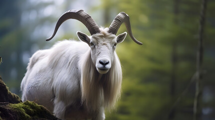 Portrait of altai mountain goat in forest.