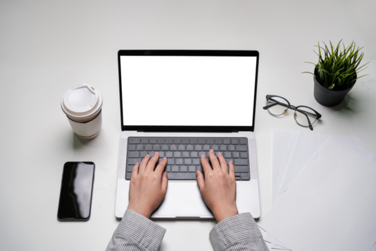 Busy businesswoman managing transparent laptop screen, analyzing data strategizing for her startup communicating via smartphone