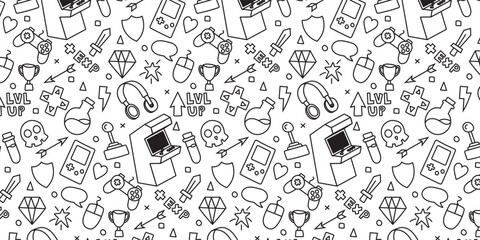 game doodle seamless pattern hand drawing gamer background - obrazy, fototapety, plakaty