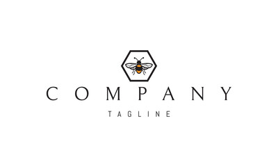 Vector logo with an abstract image of a bee in the center of a hexagon.