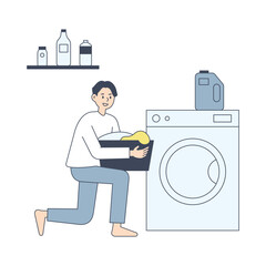 People are cleaning the house. The man who runs the washing machine. A woman running a vacuum cleaner. A woman blowing dust. The man to wipe the window. flat design style minimal vector illustration.