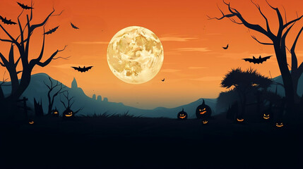 Simple Halloween background with dead trees at both sides. Creepy, mistic atmosphere. The moon is shining. Bats are flying in the air. Carved pumpkins with faces.