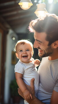 Portrait of a smiling loving dad with a cute happy baby at home. Happy father hugging little son at home. Generative ai