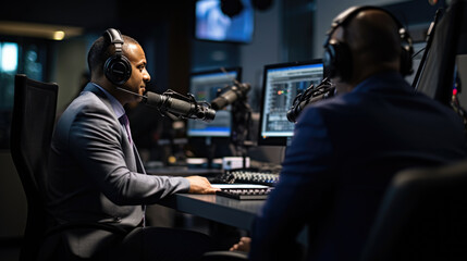 Man records a podcast with a guest in her office.