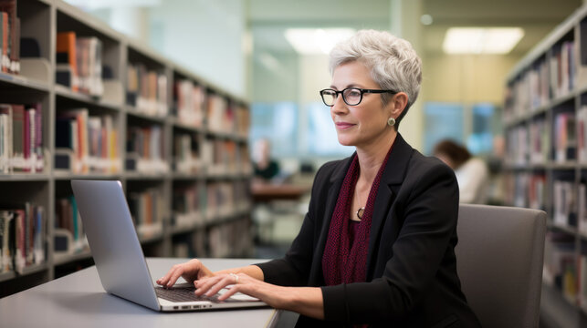 Female professor sits in the university library with a laptop, preparing for a lecture