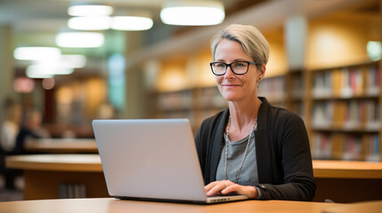 Female professor sits in the university library with a laptop, preparing for a lecture