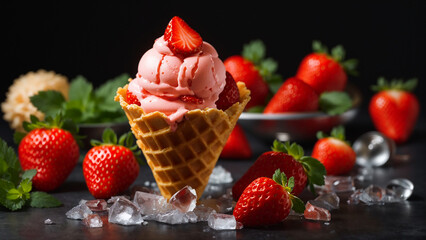 Strawberry ice cream in a waffle cup, fresh strawberries, mint, ice