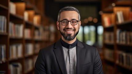 Obraz premium Middle age male librarian or college teacher standing in library in front of book shelfes