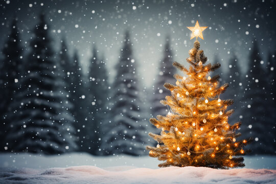 Beautiful Christmas Tree With Christmas Lights Garland With Snowy Trees In Background, Snowing