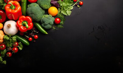 Top view vegetables on black background. Vegetarian organic food banner. Created by AI tools