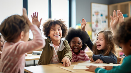 School children in classroom at lesson raising their hands.Created with Generative AI technology.