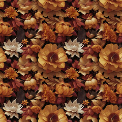 Trendy dried leaves, blush orange flower, Trendy flowers. Beige, gold, brown, rust. Autumn rustic floral arrangement in rustic style. Colorful flowers, dry leaves, seamless flower, seamless pattern..