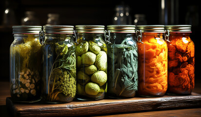 Glass jars with pickled vegetables and fruit. AI generated