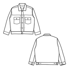 Technical sketch drawing of unisex denim jacket vector template, flat sketch, isolated on white background, suitable for your unisex denim jacket, editable color and stroke.