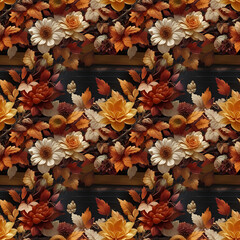 Trendy dried leaves, blush orange flower, Trendy flowers. Beige, gold, brown, rust. Autumn rustic floral arrangement in rustic style. Colorful flowers, dry leaves, seamless flower, seamless pattern..
