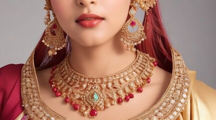 a woman with red hair wearing a necklace and earrings