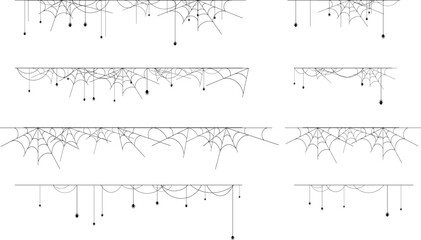 Spider web horizontal border collection. Halloween decorations with net and spiders.