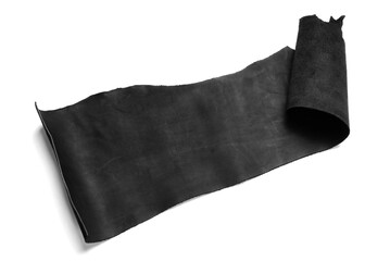 Black leather piece isolated on white background. Top view.