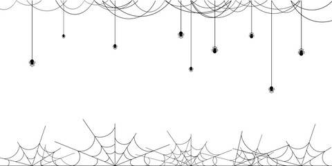 Spider web horizontal frame. Halloween decoration with net and spiders.