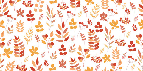 seamless pattern with bright autumn leaves and berries for printing on paper and fabric.