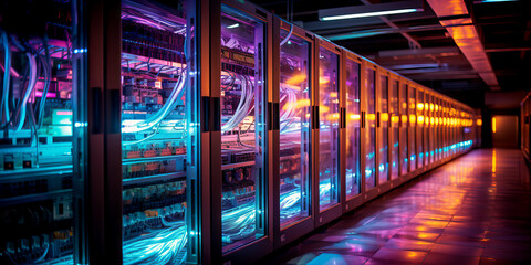 Server room or data center with rows of big server racks, modern data and Telecommunication center for cloud computing, and data analyses with a lot of colorful neon glowing optic cables - obrazy, fototapety, plakaty