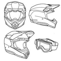 Technical sketch drawing of motocross helmet and goggles line art, flat sketch, front, back, and side view, isolated on white background, suitable for your motocross helmet, editable color and stroke.