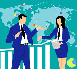 Male leader points to a map with positive graphs and arrow going up, His female partner standing with documents in her hand, Global business investment, business.