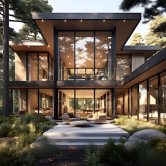 Nature-Integrated Haven: Modern and minimalist dwelling that seamlessly blends with its natural surroundings, using expansive windows, natural materials, and an outdoor-indoor connection. AI Generated