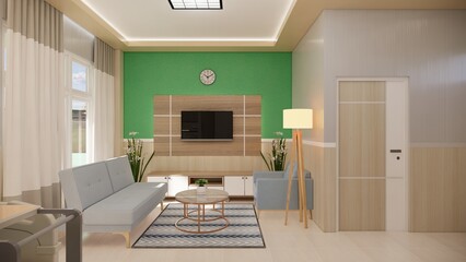 Hospital room with bed. There are facilities such as empty beds, dining tables with wheels, kitchen sets, guest beds, guest sitting sofas, cupboards and televisions. Modern hospital, 3D rendering.