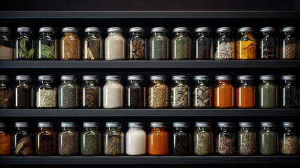 Aromatic Spice Bazaar: A Stunning Display of Vibrant Rows of Bottled Spices and Fragrant Herbs on a Well-Stocked Grocery Store Shelf, Inviting Culinary Exploration and Flavourful Discoveries