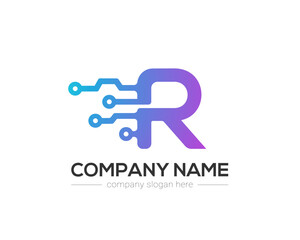 R Letter Tech Logo Design Vector Template.
R Letter Icon Design with Digital Circuit Connection Symbol.
Motion Speed Line Letter R Logo Element.