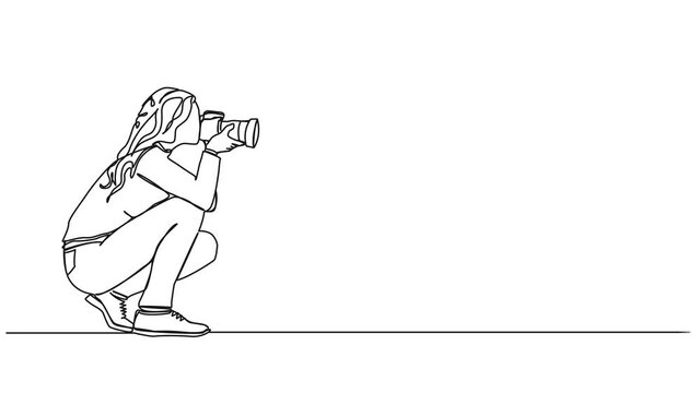 animated continuous single line drawing of woman taking picture with dslr camera, line art animation