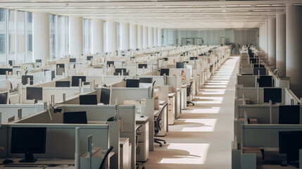 Corporate Productivity Hub: Rows of Neatly Arranged Office Cubicles Adorned with Computers and Desks, Illustrating the Modern Workplace Efficiency and Organizational Structure