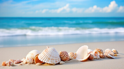 Fototapeta na wymiar Seashells on the sandy seashore close-up