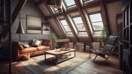 Masculine style attic apartment with natural sunlight, simple clean minimalist style walls and furnishings.