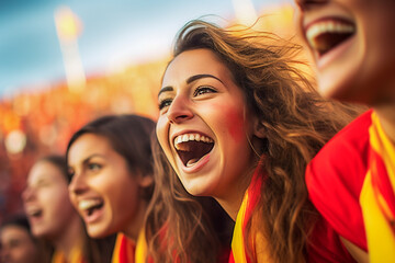 Aficionadas españolas de fútbol en un estadio de la Copa del Mundo celebrando el campeonato de la selección nacional de fútbol de España.
 - obrazy, fototapety, plakaty