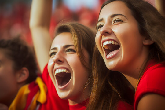 Aficionadas espa&ntilde;olas de f&uacute;tbol en un estadio de la Copa del Mundo celebrando el campeonato de la selecci&oacute;n nacional de f&uacute;tbol de Espa&ntilde;a.
