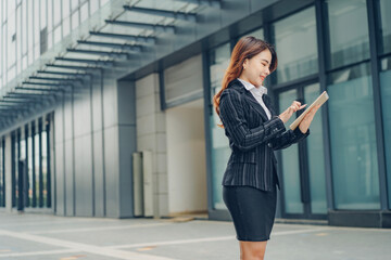 Obraz premium Young busy successful beautiful Asian business woman, walking city urban street at business office center. High quality