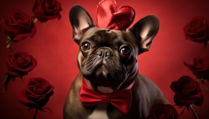 Photo of a stylish dog wearing a red bow tie and holding a red rose