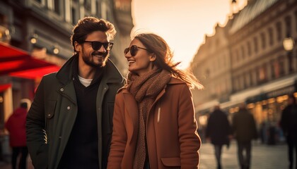 Photo of a couple strolling down a lively city street