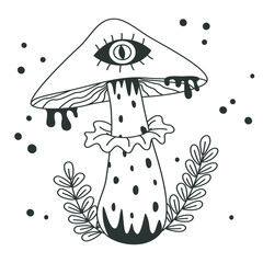 Mystical doodle mushroom. Magic forest autumn forest plant, boho mushroom flat vector illustration. Hand drawn mushroom silhouette