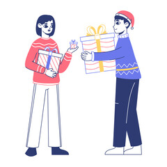 People exchange gifts. Christmas holidays gifts, xmas winter holidays gift exchange flat vector illustration