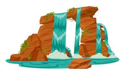 Waterfall scenery. Cartoon tropical streaming water cascade view, mountain rock wild nature waterfall flat vector illustration © GreenSkyStudio