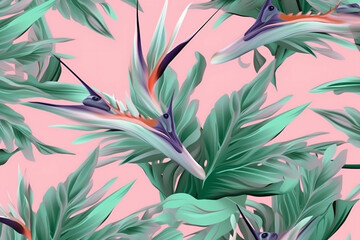 jungle colorful flower pattern orange pink leaf trendy tropical seamless. Generative AI.